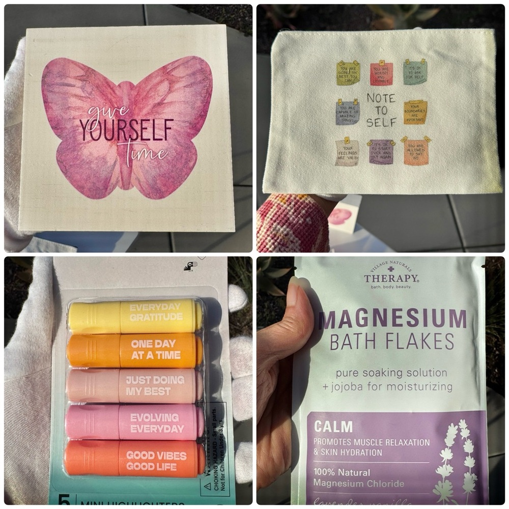 butterfly frame , makeup bag, bath soak, highlighters bundle
